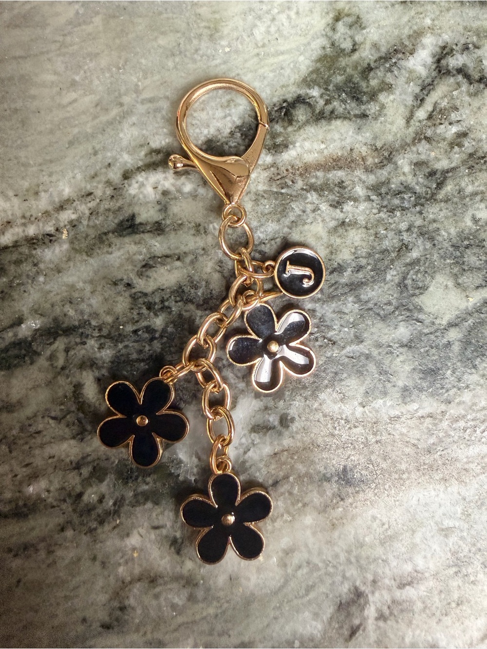 Gold-Tone Black Flower Charm Keychain - Women Accessories